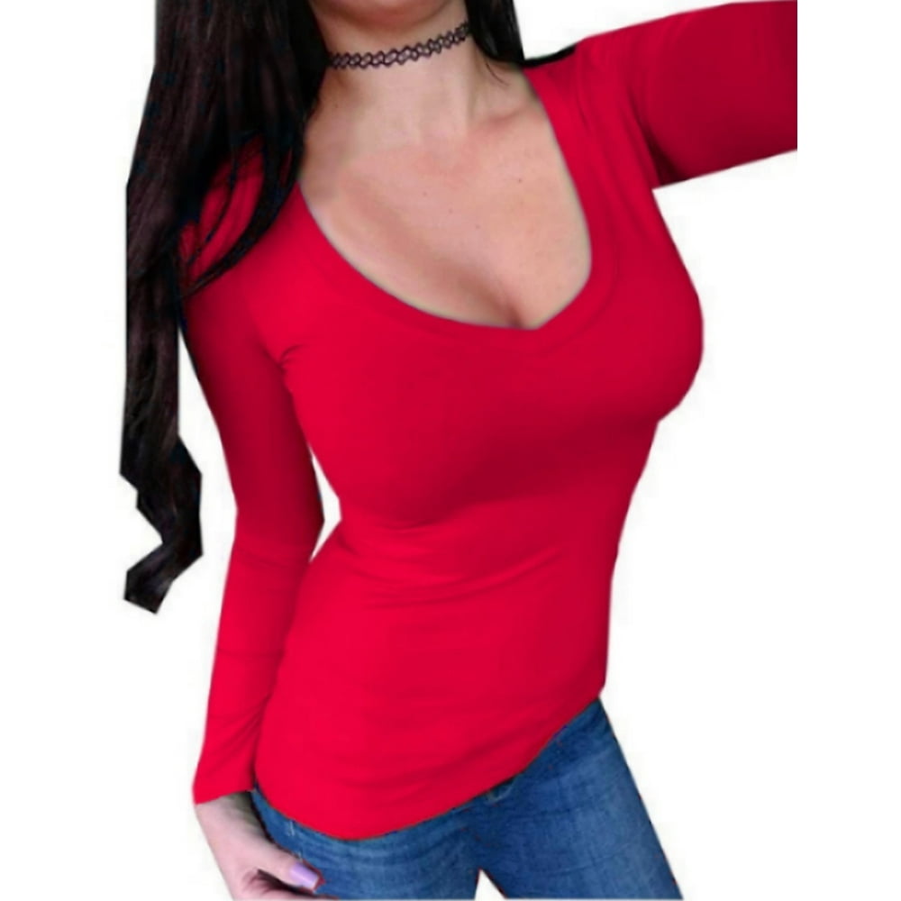 Kaylee_xo - Kaylee_xo Women's Long Sleeve V-Neck Low-cut Sexy Solid ...