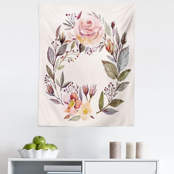 Watercolor Tapestry, Romantic Botanical Wreath of Soft Wild Floral Branches Illustration, Fabric Wall Hanging Decor for Bedroom Living Room Dorm, 5 Sizes, Pearl and Multicolor, by Ambesonne