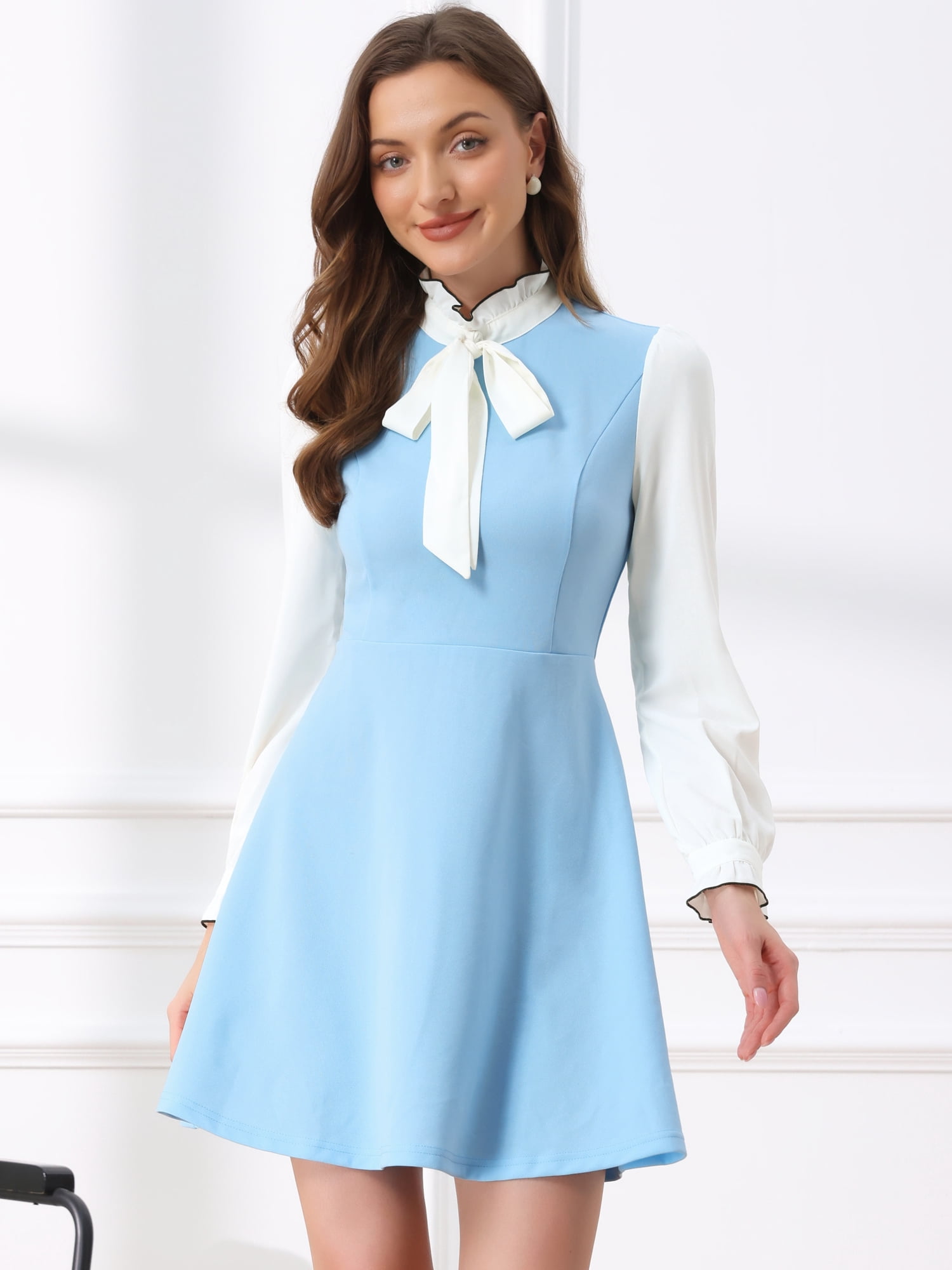 DARING DIVA Contrast Tie Neck Long Sleeve Elegant A-Line Dress XS Light Blue