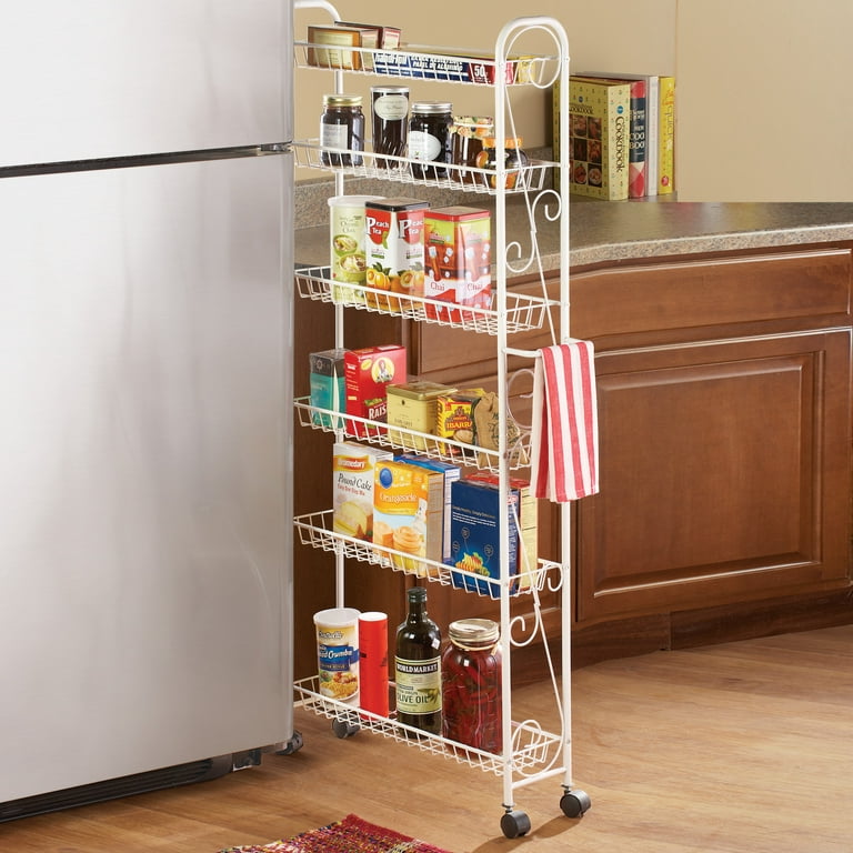 Collections Etc Slim Rolling Pantry 6-Tier Shelf, White Metal with Elegant  Scroll Design Accent - Extra Kitchen and Bathroom Storage, 6 