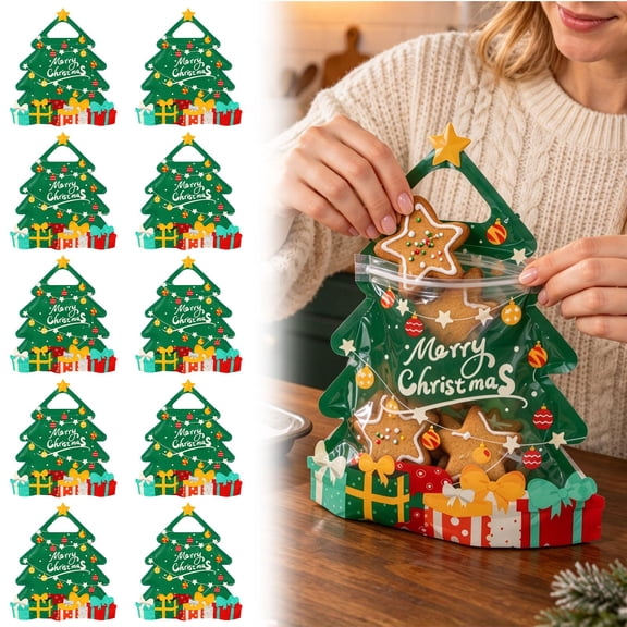 10Pcs Christmas Tree Pattern Zip Lock Bags, Small Plastic Sealing Holiday Pouches with Carry Handles, Reusable Resealable Gift Storage Bags, Christmas Treat Packaging Bags for Candy, Cookie