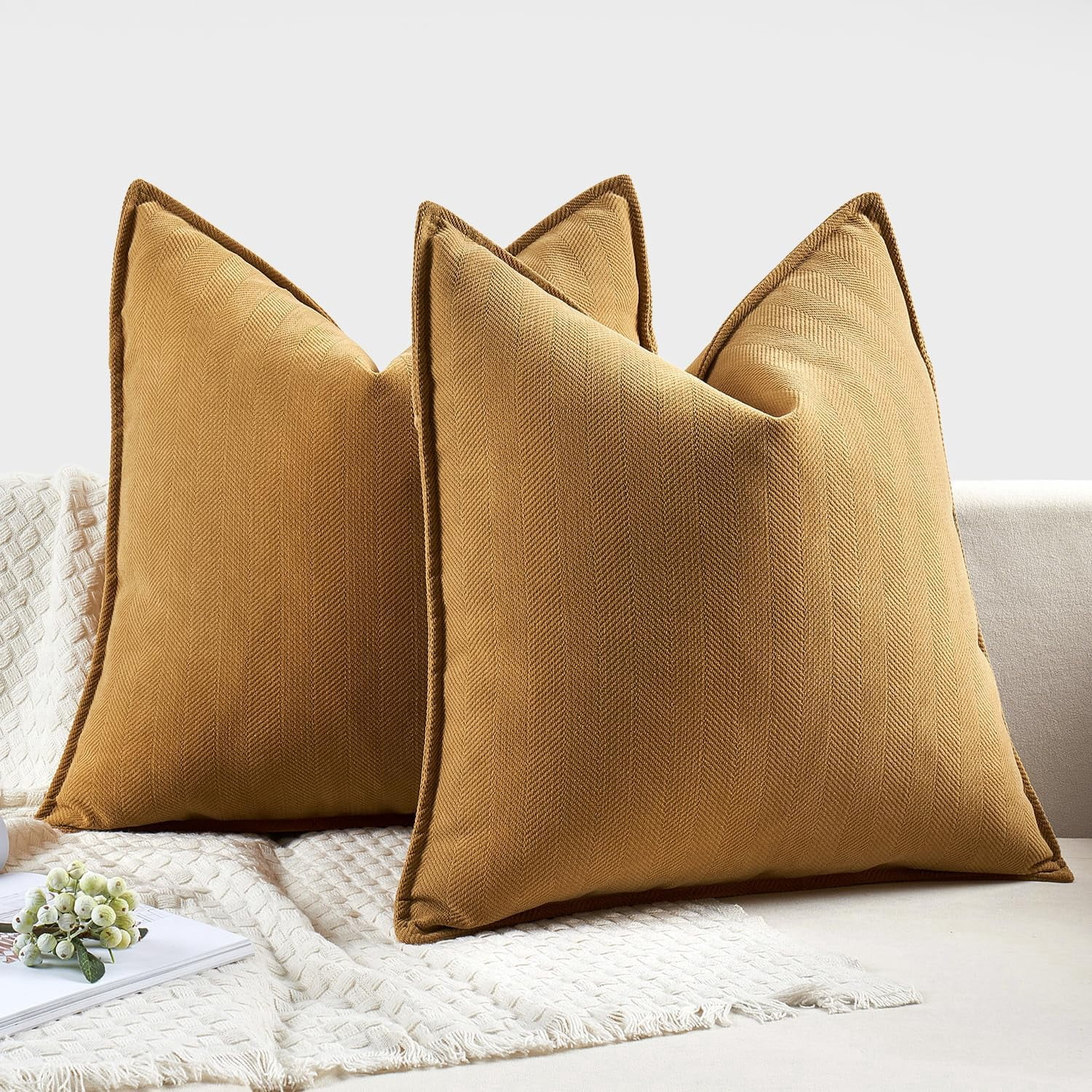 Pack of 2 Yellow 16x16Inch Decorative Pillow Covers Soft Chenille Couch Throw Pillows Farmhouse Cushion Covers for Sofa Bedroom Living Room