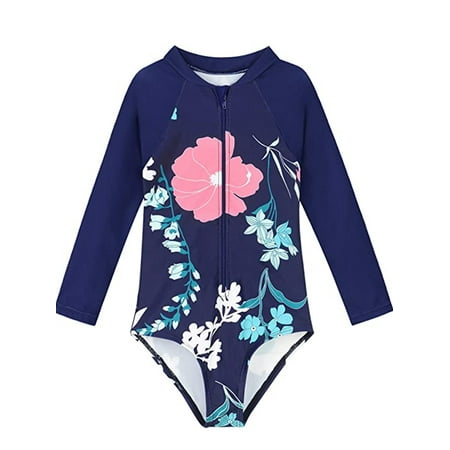 

2-8Y Kids Girls Rash Guard Long Sleeve One Piece Swimsuits Zipper Bathing Suits UPF 50+ Sun Protection