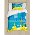 thumbnail image 1 of Wave Duvet Cover Set Twin Size, Cartoon Scene with Sandy Beach Sandcastles Playground Boats and Cloudy Sky Print, 2 Piece Bedding Set with 1 Pillow Sham, Mustard Sky Blue, by Ambesonne, 1 of 3