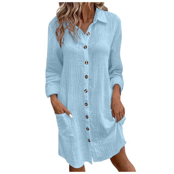 2025 Fashion Women's Long Button Down Shirt Dress Loose V-neck Cotton Linen Solid Color Dress Summer Vacation Beach Sundress