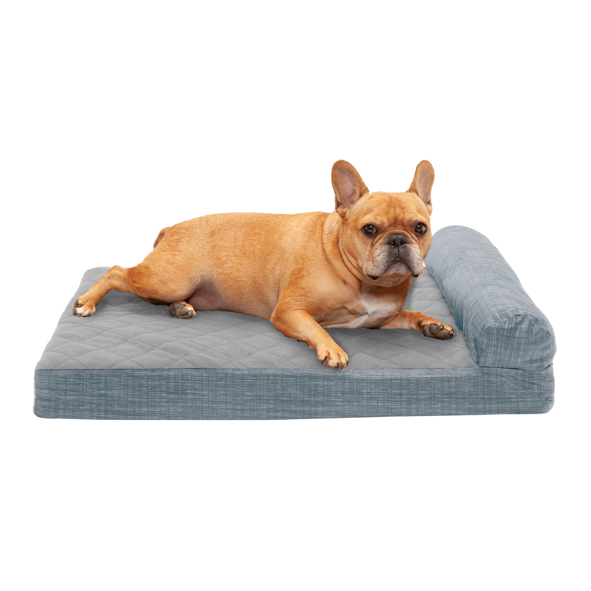 Furhaven Pet Dog Bed Dark Blue Deluxe Cooling Gel Memory Foam Quilted Fleece and Print Suede Chaise Lounge Living Room Couch Pet Bed with Removable Cover for Dogs and Cats Medium