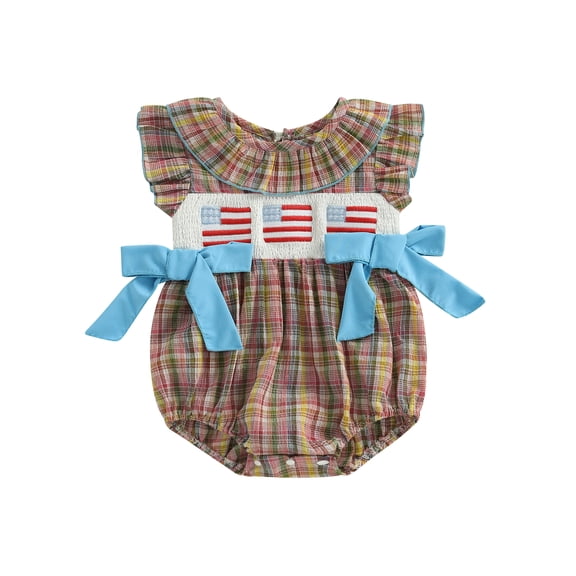 BemeyourBBs Newborn Baby Girls 4th of July Outfits Fourth of July Smocked Bubble Romper Fly Sleeve USA Flag Embroidery Bodysuits Summer Independence Day Clothes