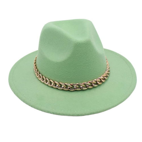 Skymirror Performance Hat Thick Chain Decor Dome Solid Color Jazz Hat Wide Brim Retro Photo Prop Fedora Winter Autumn Panama Cap