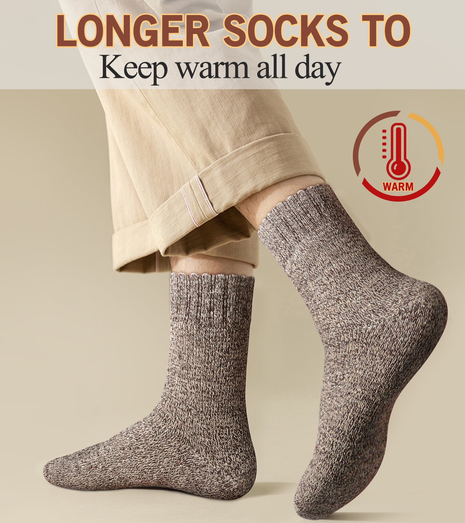 5 Pairs Merino Wool Socks for Men, Thick Winter Wool Hiking Socks, Warm Breathable Crew Mens Socks(USA Size 7-13)