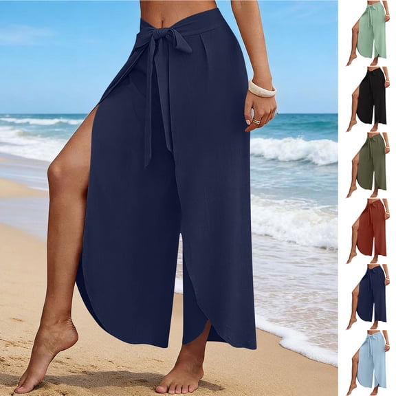 VBVC Women's Tie Waist Wrap Palazzo Pants , Summer Split Wide Leg Beach Pants For Women,Ladies' High Waisted Flowy Cover Up Trousers,Army Green,S-3XL