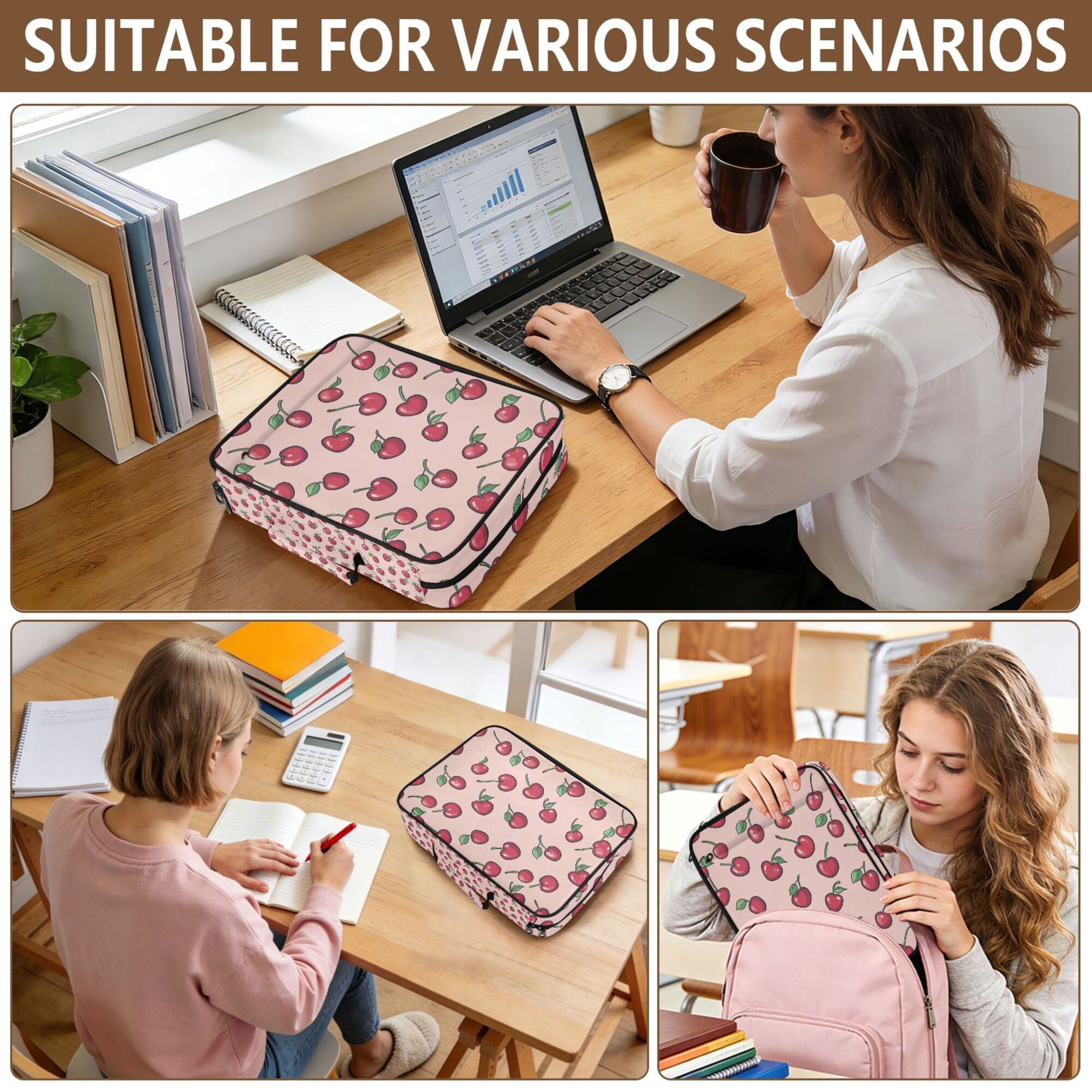 FORMRS Accordion File Folder A4 Size 7-Pocket Expanding Document Organizer Bag with 3 Ring Binder, Cherries Pattern
