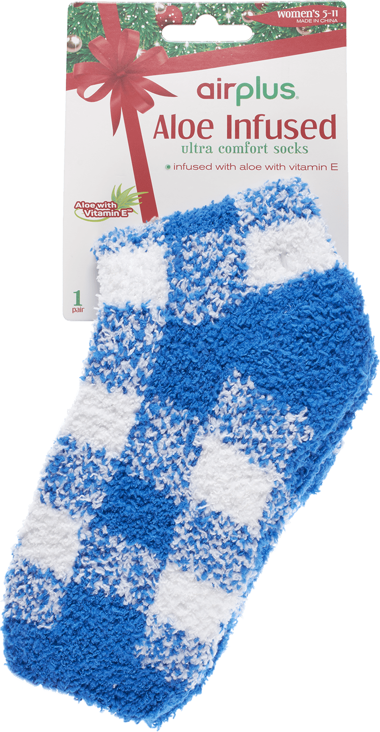 Airplus Aloe Infused Spa Crew Socks, Blue Check Me Out, Women's Medium 5-10.