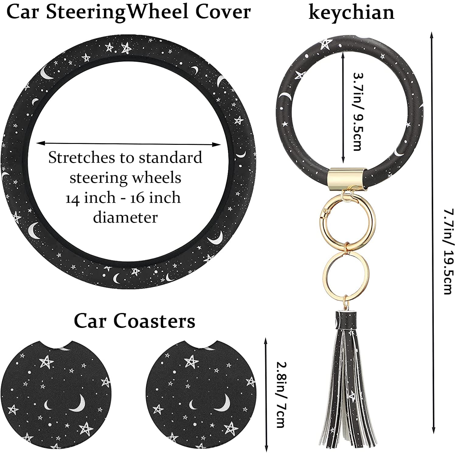 4 Pieces Black Moons White Stars Print Car Accessories Set Black Moons White Stars Steering Wheel Cover with 2 Pieces Car Coasters and Leather Keyring for Car Truck SUV