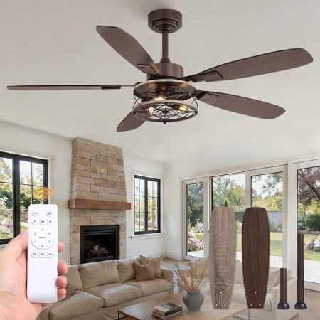 Lokivas 52" Farmhouse Ceiling Fan with Light and Remote, Industrial Caged Flush Mount, 6-Speed Reversible DC Motor, 5 Dual-Finish Blades for Living Room, Bedroom, Oil Bronze