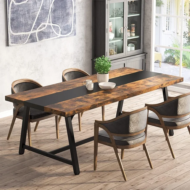 Tribesigns Table à Manger pour 8 Personnes, Table de Cuisine Rectangulaire de 70,9 Pouces en Bois avec Cadre en Métal, Brun Rustique