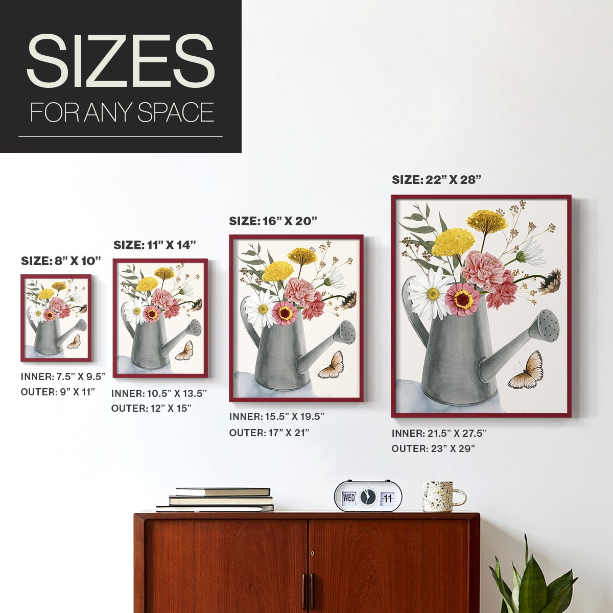 Watering Can Bouquet II Framed Print in Red Solid Wood 8 x 10 Framed Print