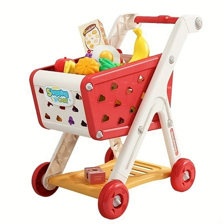 Kids Shopping Cart Trolley Play Set with Pretend Food and Accessories,Perfect for Ages 3  Pretend Play and Role-Playing Games(Red)