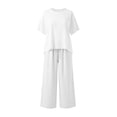 thumbnail image 5 of Cotton Linen Outfits 2 Piece Sets for Women Loose Casual Short Sleeve Top Wide Leg Pants Travel Beach Clothes (M, White), 5 of 8