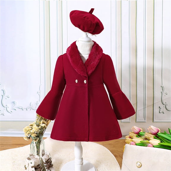 GiLiling Toddler Baby Girls Winter Coat Set Spliced Collar Outwear with Beret for Cold Weather Daily Wear (Red, 4-5 Years)