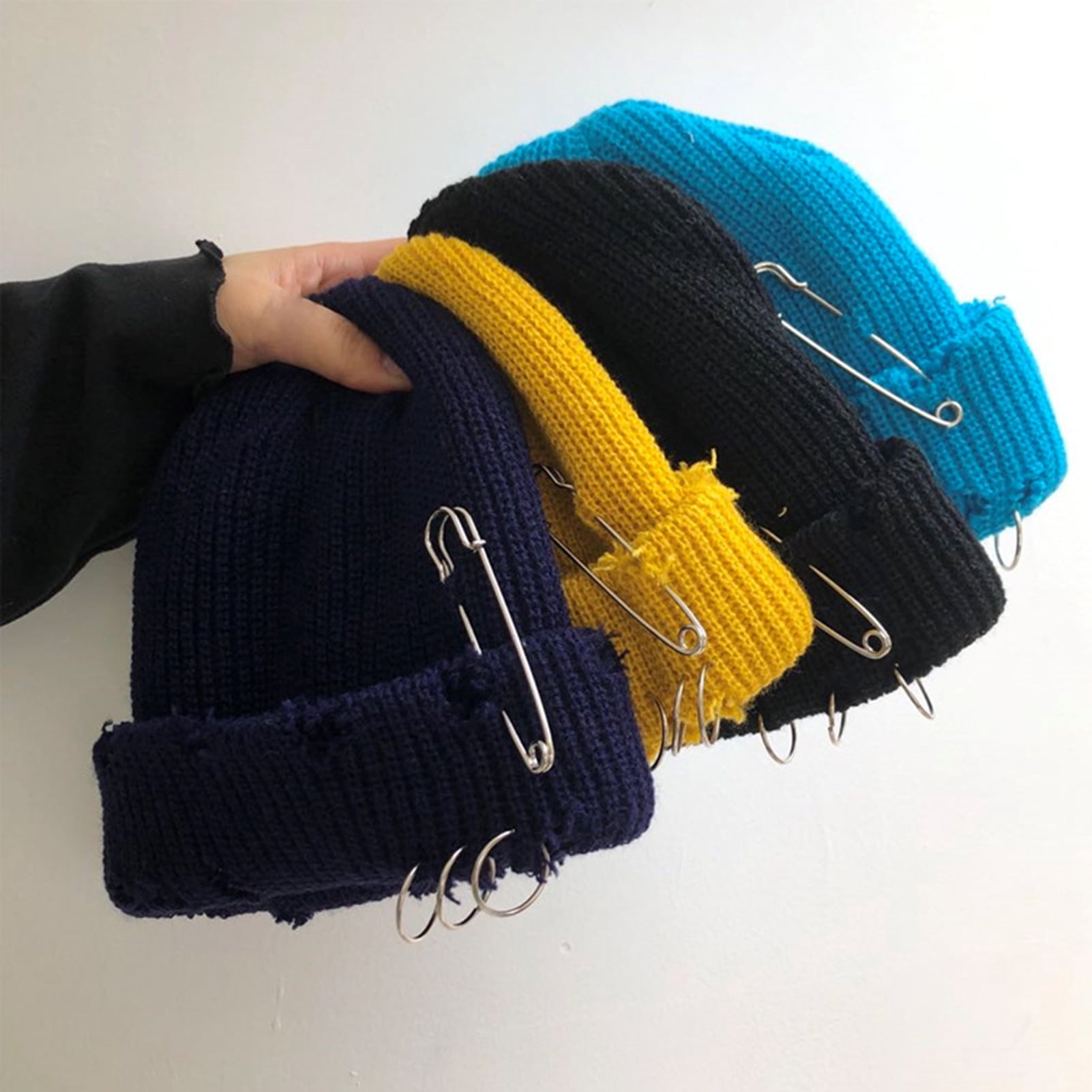 Opolski Women Men Bonnet Stretch Brimless Solid Color Knitted Unisex Keep Warm Metal Ring Decor Hip Hop Ripped Men Winter Hat for Daily Wear Yellow