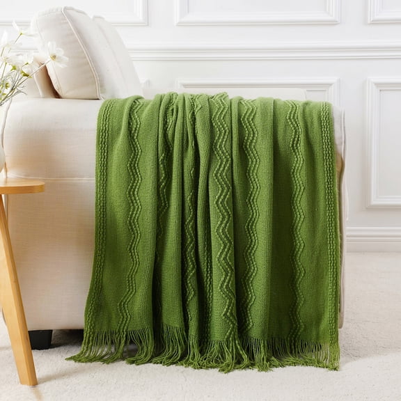 Battilo Green Throw Blankets,Lightweight Textured Knit Blanket with Tassels,Spring Throws,50"x60"