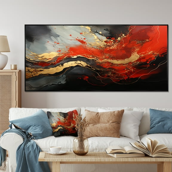 Designart "Marble Fire Red and Gold Fusion I" Oversized Abstract Framed Wall Art - Modern Red Abstract Painting Entryway Framed Wall Art Print