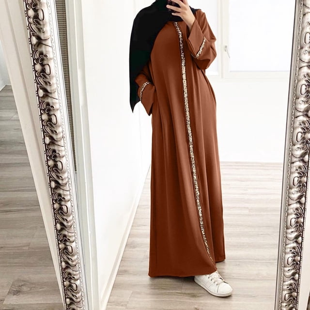 Robes Grande Taille Couleur Unie Manches Longues Bouffantes Col Rond Maxi Musulmane Décontractée Robe Soleil Marron m