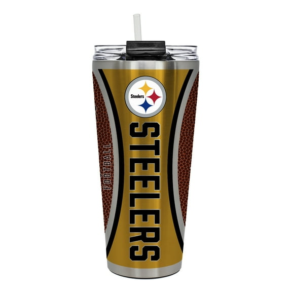 Pittsburgh Steelers 32 ounce vacuum insulated stainless steel tumbler with Gameball graphic