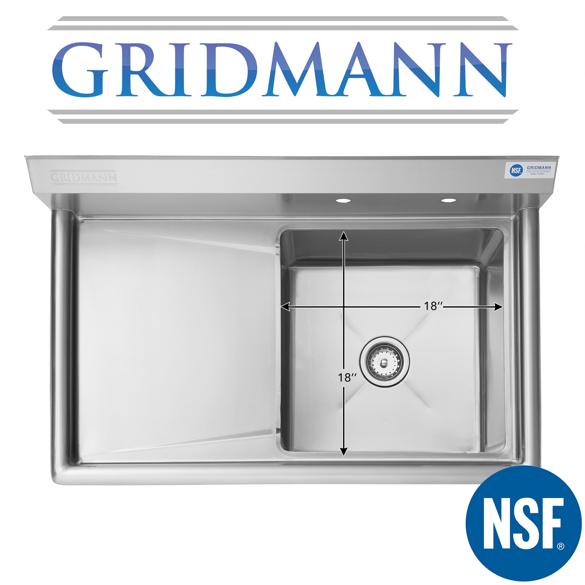 GRIDMANN Stainless Steel Utility Sink with Left Drainboard, NSF Commercial Kitchen Prep Sink