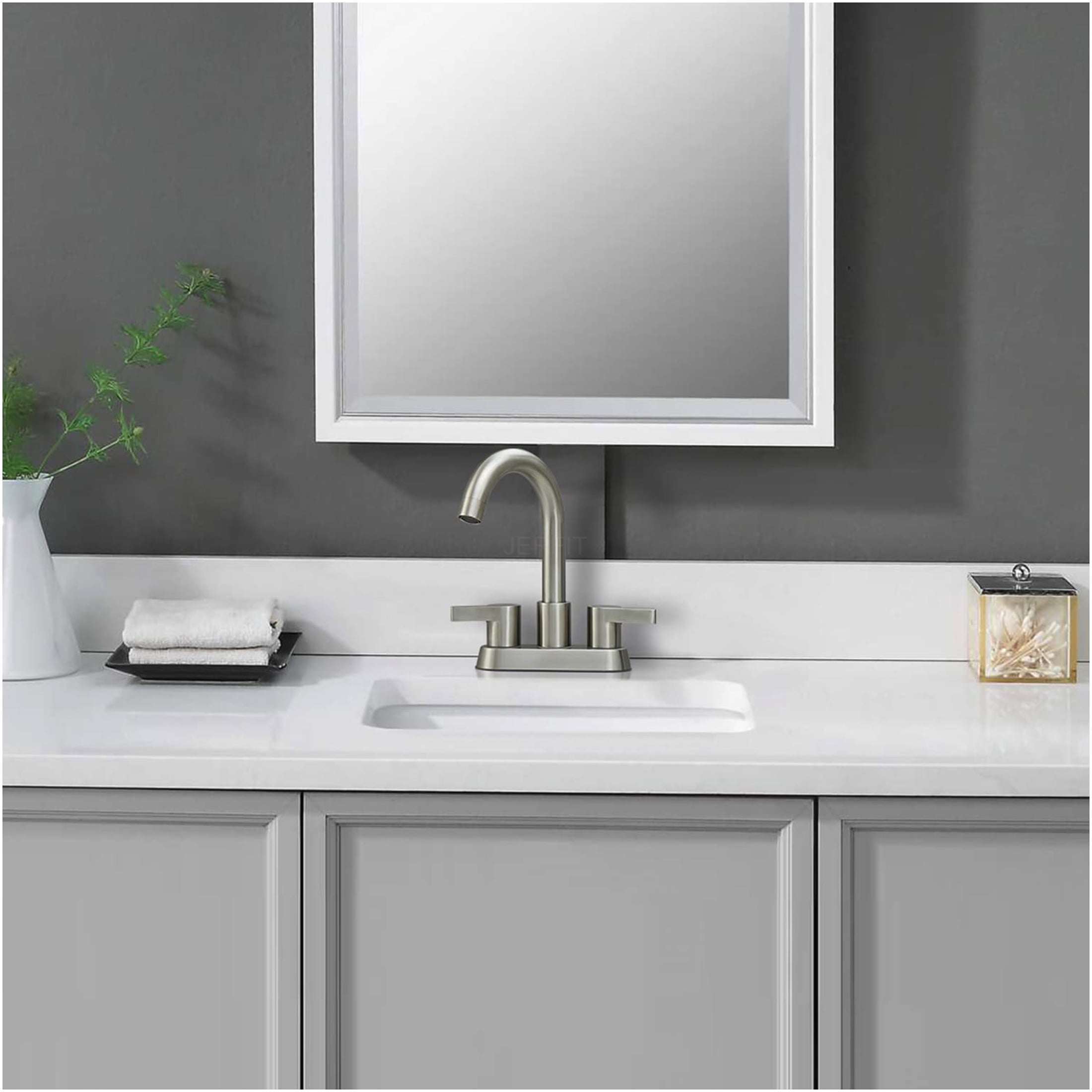 JERFIT 4-inch Centerset Bathroom Sink Faucet with Drain, 2-Handle Brushed Nickel Vanity Faucet, High-Arc 360° Swivel Spout for Bathroom Sink