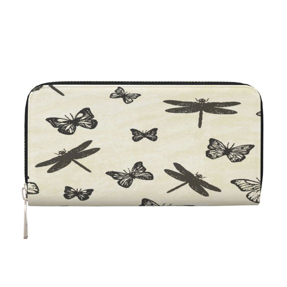 Leather Zipper Pocket Hand Wallet For Women And Men Travel Leather Purse Large Capacity Credit Card Holder Dragonfly'S And Butterflies