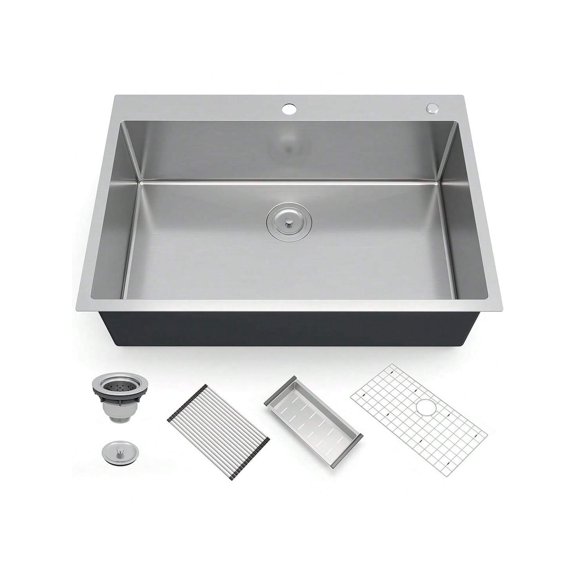 EastVita Kitchen Sink.30/33 Inch Undermount Kitchen Sink 16 Gauge Single Bowl Stainless Steel Kitchen Sink With Integrated Ledge And Accessories(Pack Of 5).30Inch/33Inch-Workstation Sink