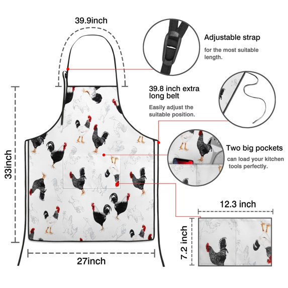 White Chicken Rooster Pattern Apron-Garden Aprons for Women with Pockets-Cotton Linen Waterproof Kitchen Cooking Gardening Aprons Adjustable for Kitchen,Cooking,BBQ and Salon 33x27 Inch