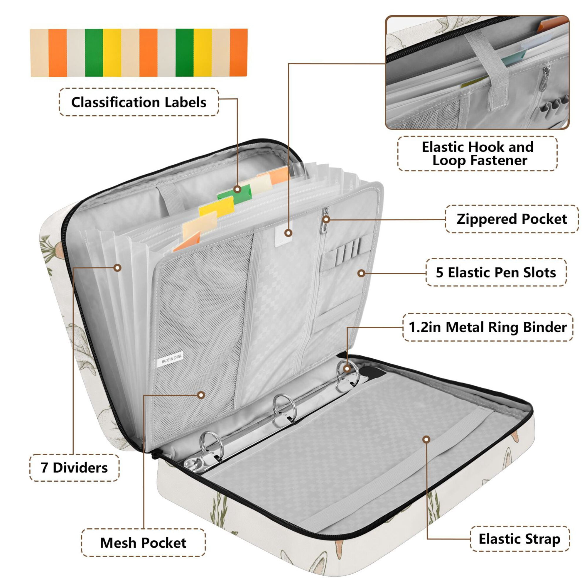FORMRS Accordion File Folder A4 Size 7-Pocket Expanding Document Organizer Bag with 3 Ring Binder, Beige Rabbits and Carrots