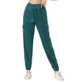 thumbnail image 2 of Pantalones cargo de satén para mujer Inspire Chic, de cintura alta, con cintura elástica, casuales, talla XS, azul-verde, 2 of 6