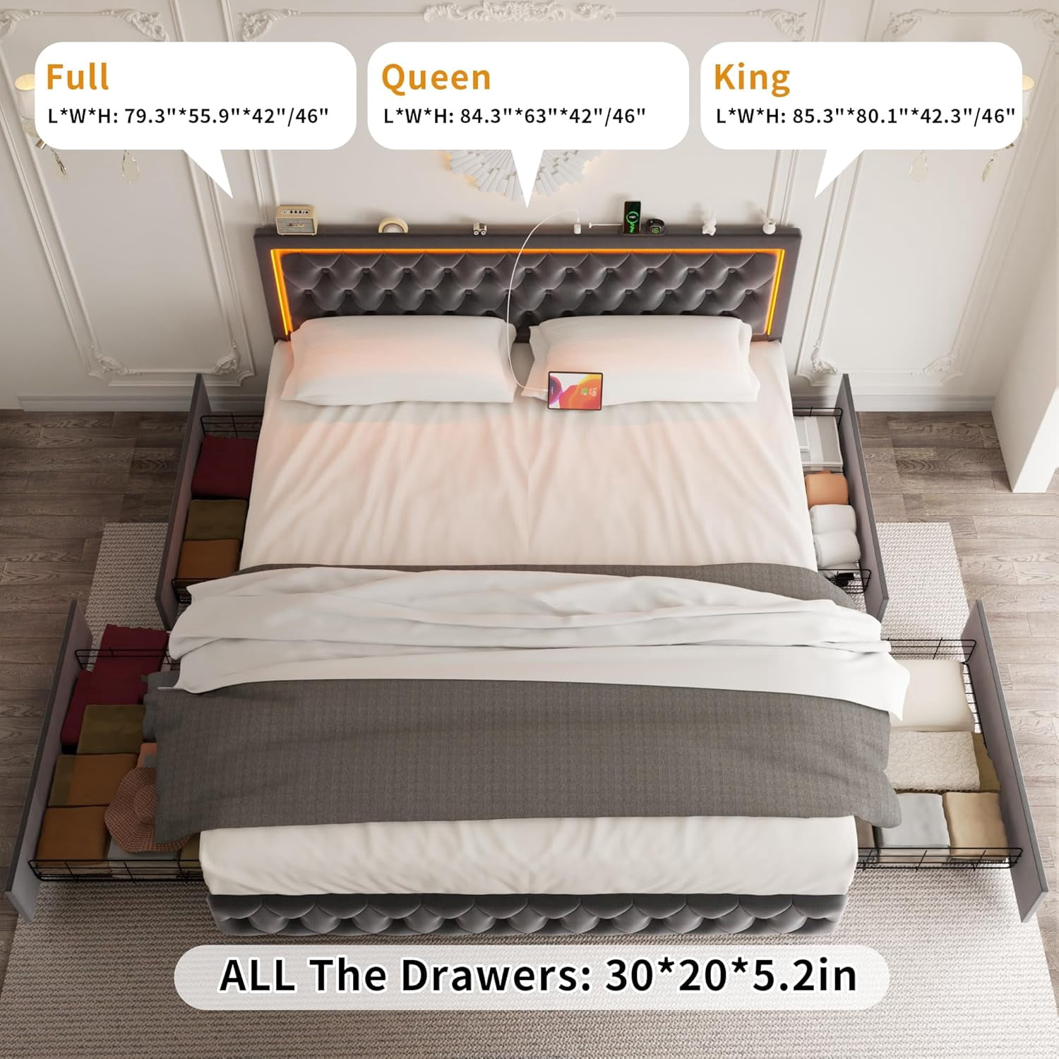 Full Bed Frame with 4 Storage Drawers, Upholstered Platform Bed Frame with Type-C & USB Ports, Adjustable Button Tufted Headboard, Mattress Foundation with Slats Support, No Box Spring Needed, Gray