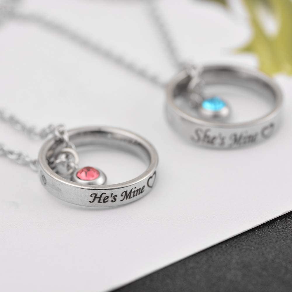 MJartoria Matching Necklaces for Couples, His and Hers Engraved Rhinestone  Ring Pendant Set Gifts for Boyfriend Girlfriend(Silve
