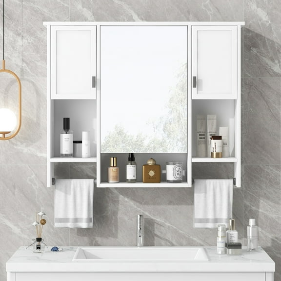 Tcbosik Bathroom Cabinet with Mirror Wall Mounted, Modern Medicine Cabinet with 2 Hanging Rods and 2 Doors, Space Saver Storage Cabinet with Adjustable Shelves for Kitchen, Laundry Room, White