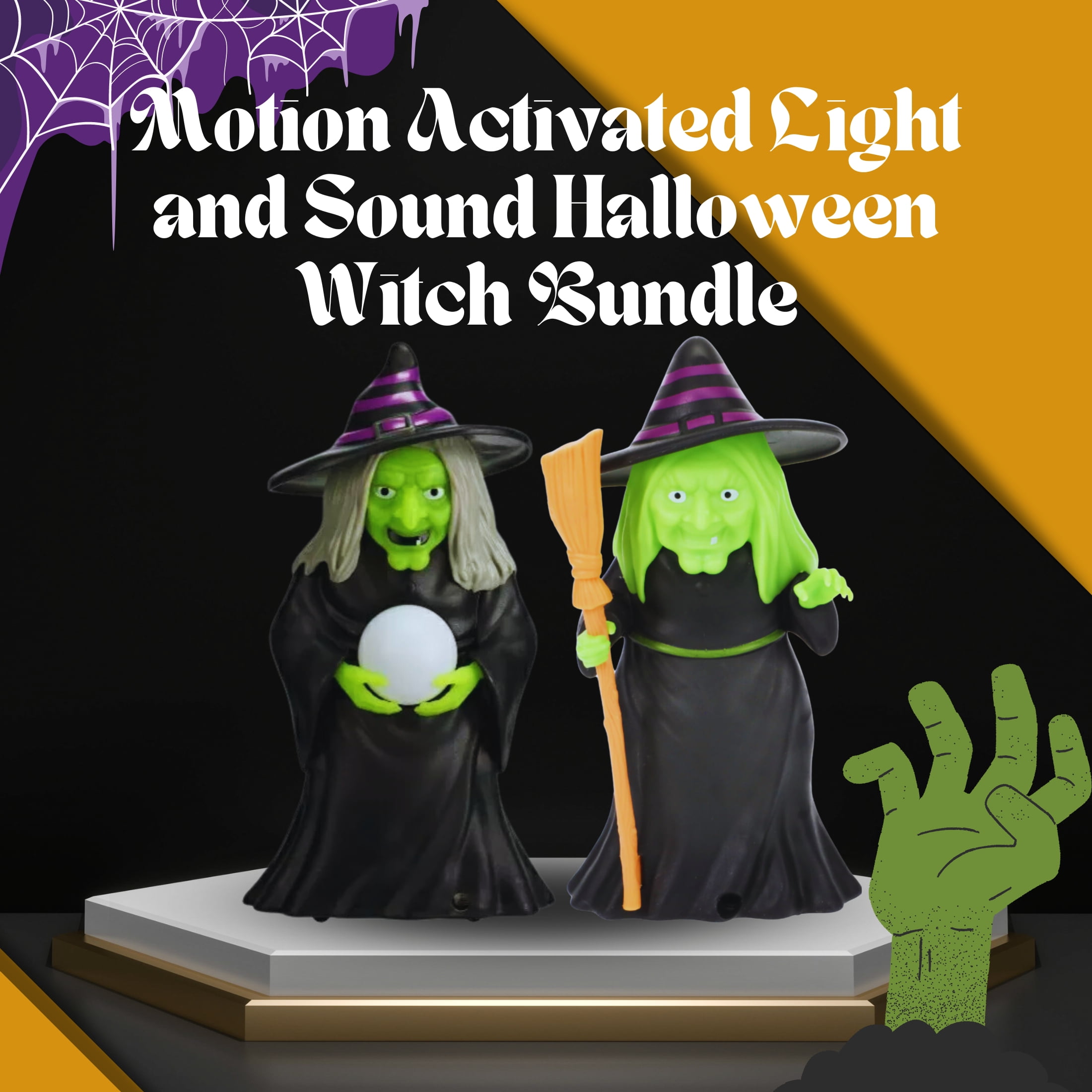 4) Halloween Motion-Sensitive Cackling Witch, 6in Light-Up
