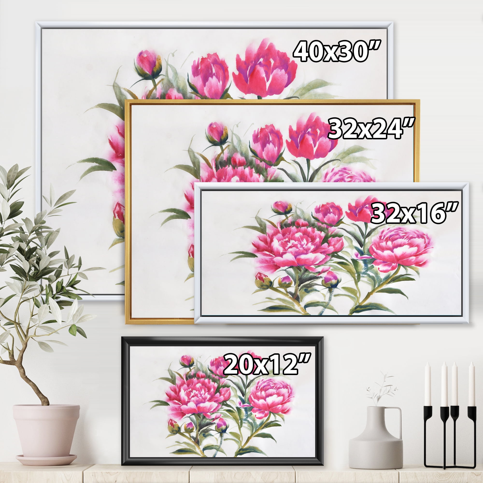 Designart 'Purple Peonies Flowers' Traditional Framed Canvas Wall Art Print