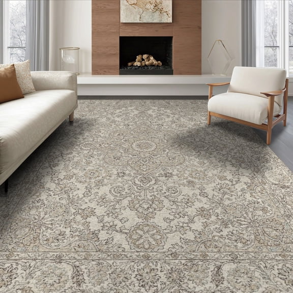 ODIKA 8'x10' Washable Area Rug Durable, Non-Slip Beige Dining Motif Faded Ivory Neutral Cream Textured Colored for Living Room, Under Sectional, Family