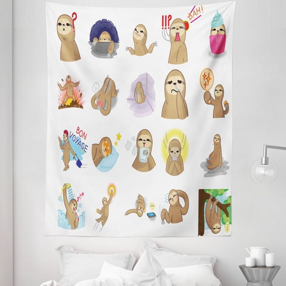 Sloth Tapestry, Manga Style Sloth Characters with Different Expression and Poses Humorous Design, Fabric Wall Hanging Decor for Bedroom Living Room Dorm, 5 Sizes, Multicolor, by Ambesonne