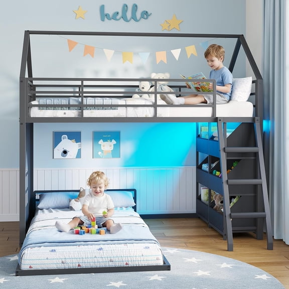 Twin Over Twin Size Low Bunk Bed with 6 Open Sliding Drawers,L-Shaped Bunk Bed with LED Light,Floor Bunk Bed with 13.4''Safety Guardrail & Ladder,House Bed Frame with Privacy curtain,White