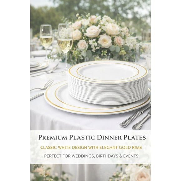 25-Pack Premium Plastic Dinner Plates with Gold Rim, 26cm (10") Heavyweight Disposable Party Plates for Weddings, Birthdays & Events