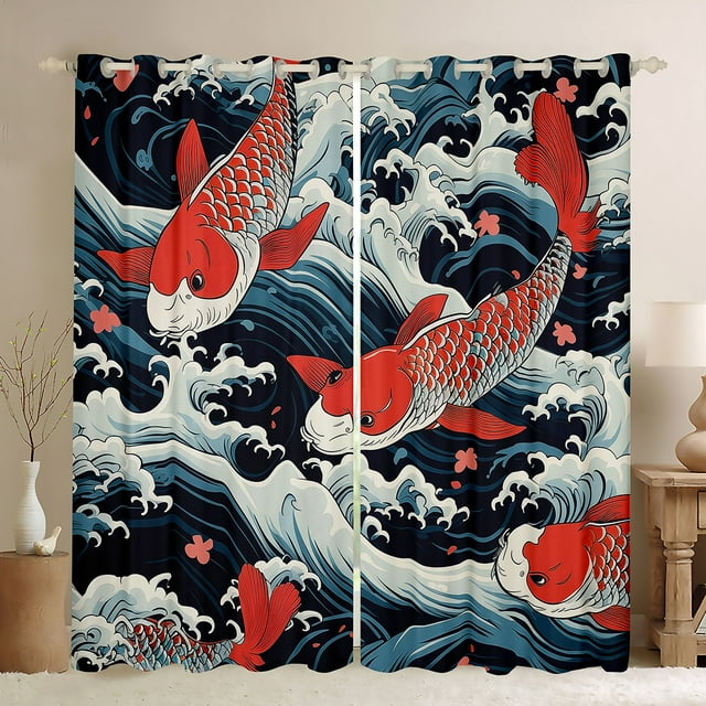 YST Rideaux Japonais & Draperies Rouges Gossip Koi Rideaux Occultants 104x84 Vagues Océaniques Rideaux Oriental Ukiyoe Rideaux de Salon Style Exotique Rideaux de Fenêtre Décoration Maison pour Adolescents
