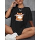 thumbnail image 1 of Cat & Fish Print Casual T-Shirt, Short Sleeves Round Neck Stretchy Sports Top, Women's Sporty Activewear, 1 of 6