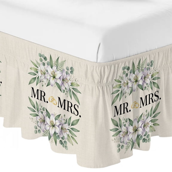 Wedding Ruffle Bed Skirt Queen Size Mr Adjustable Elastic Dust Bed Skirts Wrap Around Bedskirt Wrinkle Free Easy Fit with 16 Inch Drop