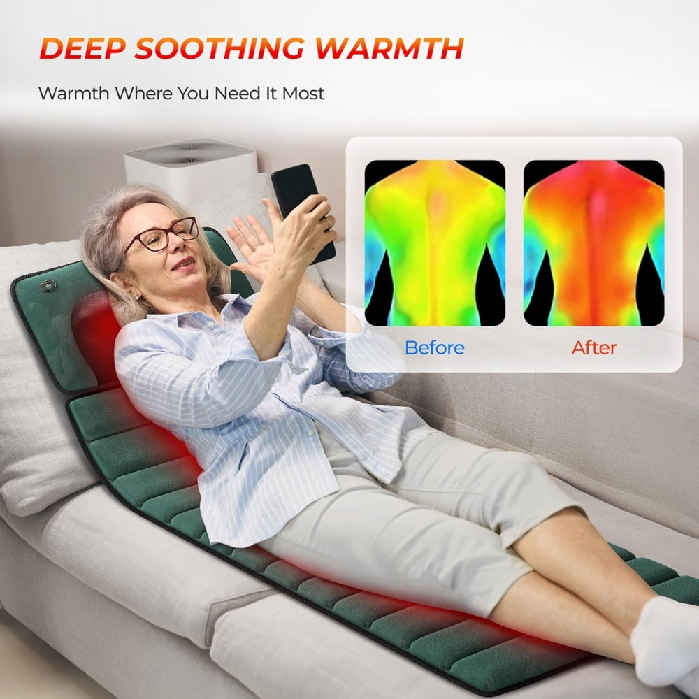 10 Vibrating Motors 9 Speed Settings Full Body Vibration Massage Mat w/ Heat, Detachable Pad for Home and Office, Green