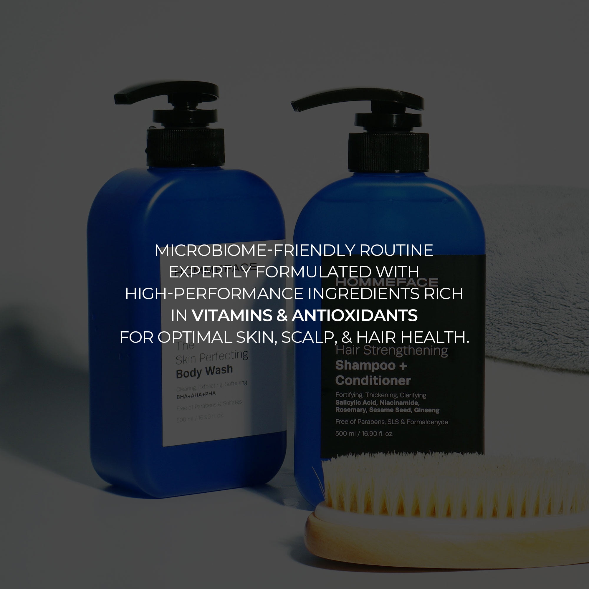 HOMMEFACE Triple Action Shower Kit for Men - Hair & Body Wash Set Includes a 2-in-1 Hair Strengthening Shampoo + Conditioner & Body Wash with Pump for Acne-Prone Skin