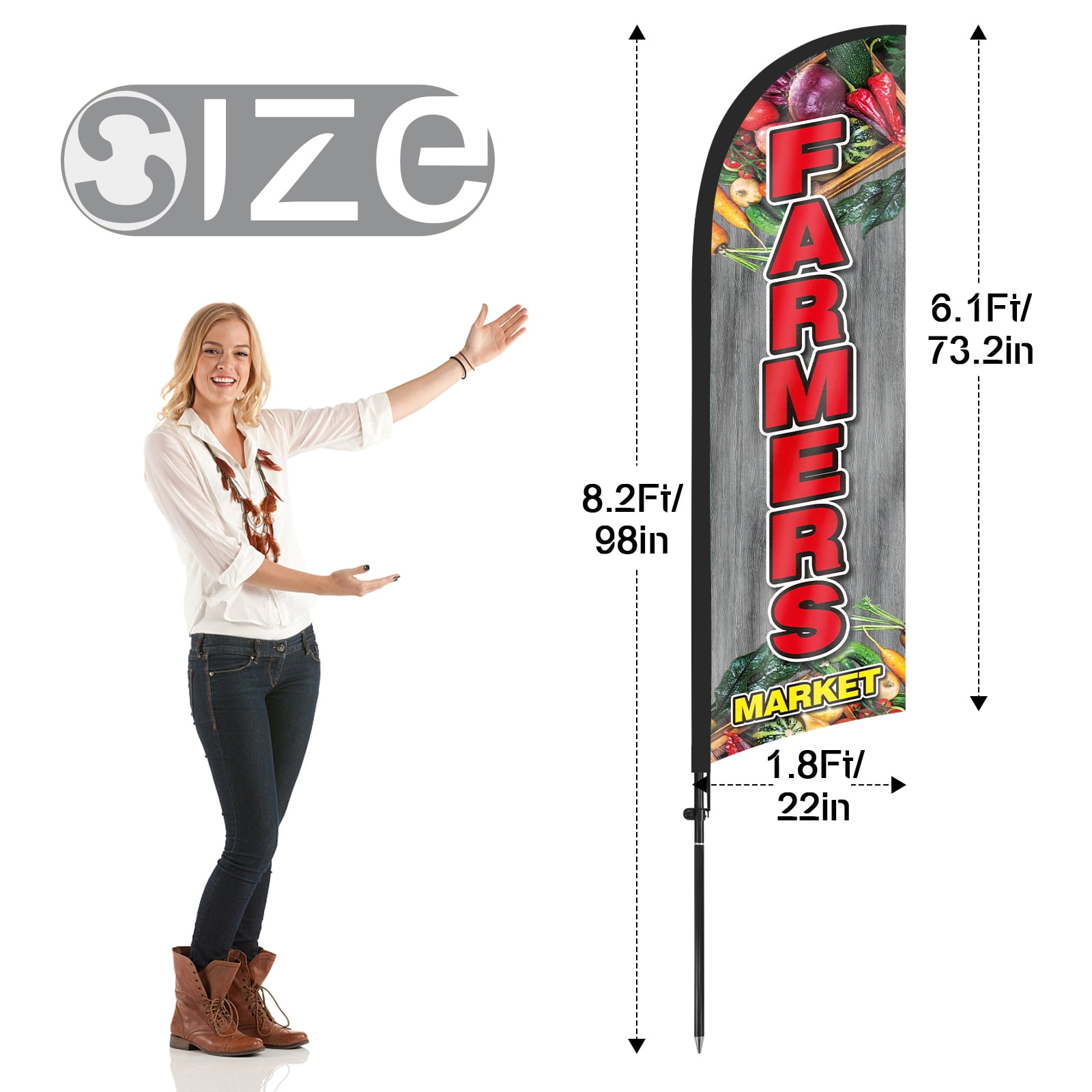 QSUM Farmers Market Feather Flag with Flag Pole Kit and Ground Spike, 8.2FT Farmers Market Windless Flag Banner Sign Business for Outdoor Advertising Sign Decoration Display